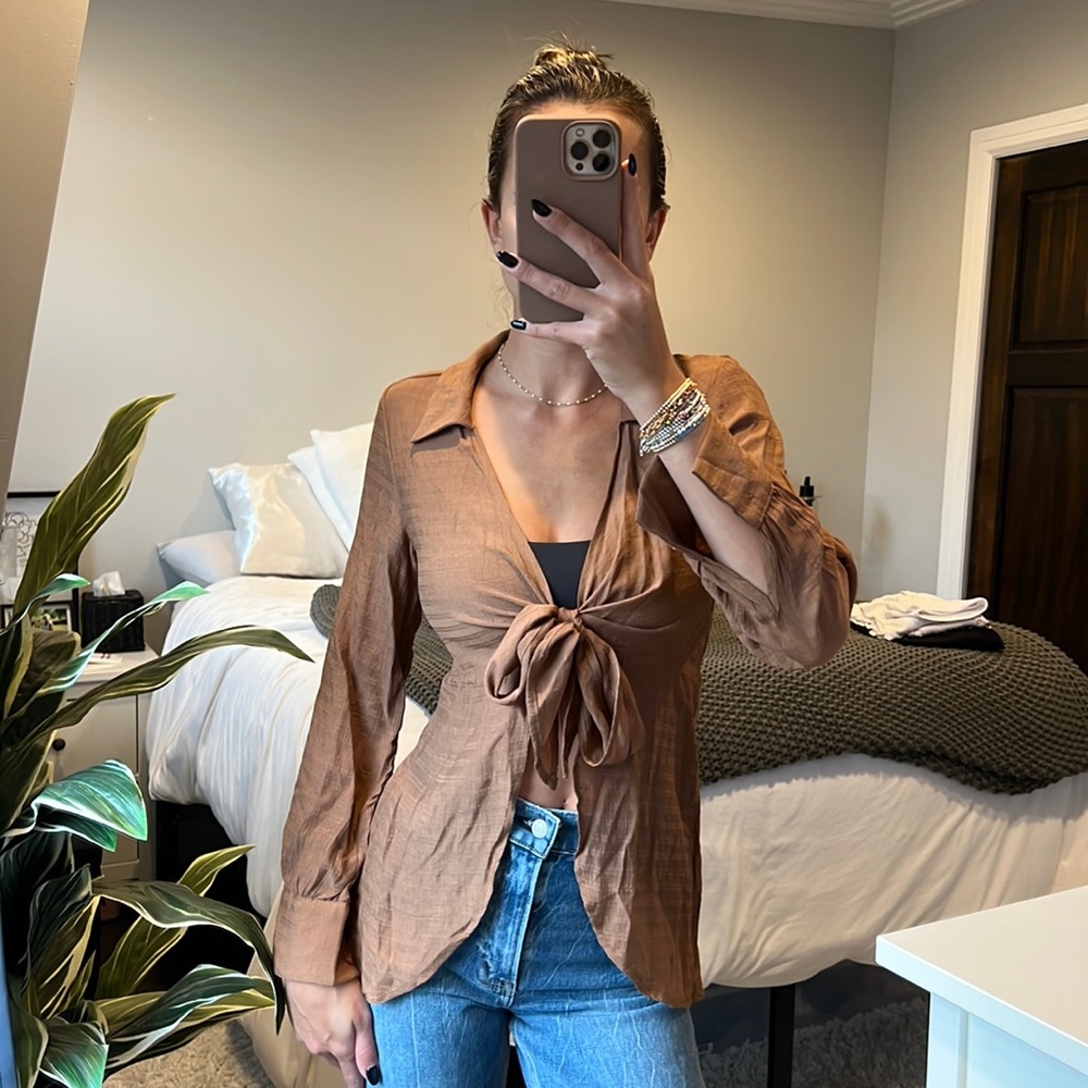Brown front tie long sleeve top